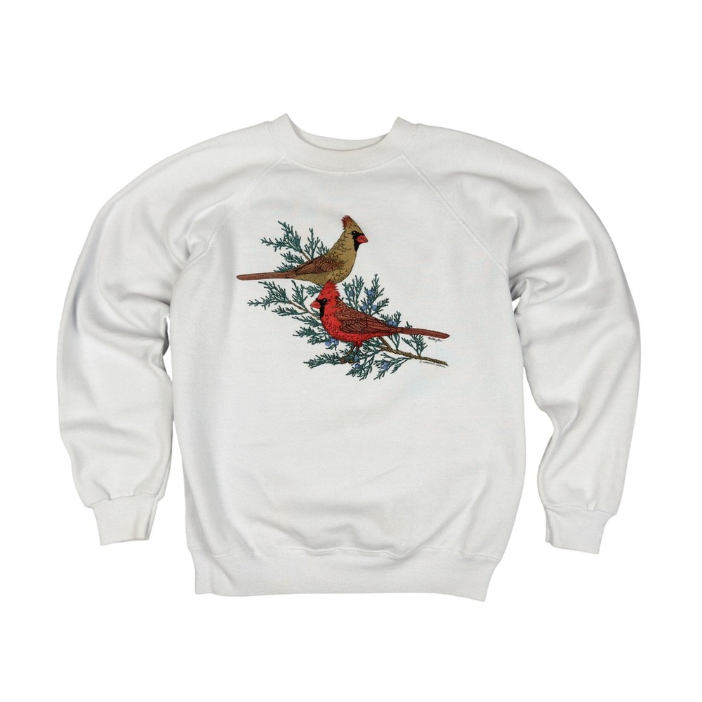 Vtg 80s Cardinal Wildlife Graphic Sweatshirt Adult M White Hanes Cottagecore USA